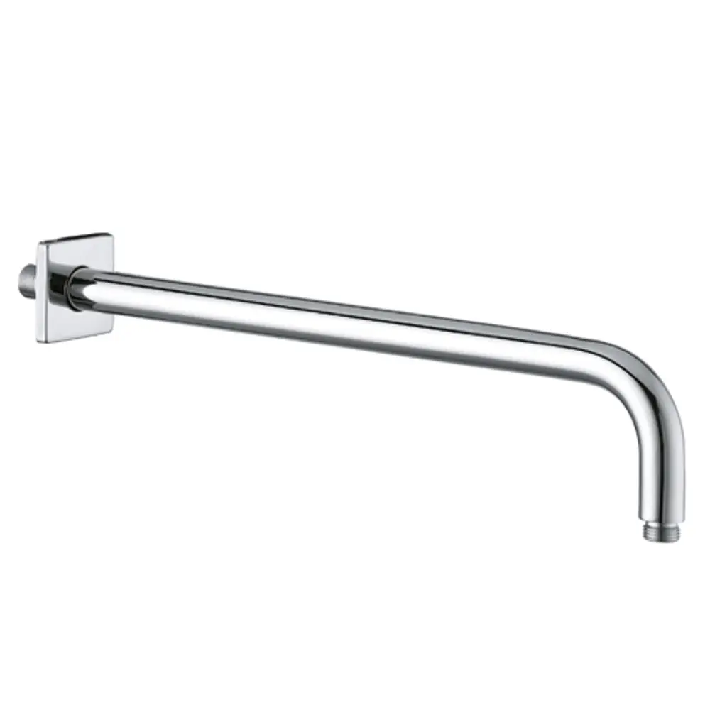 Kludi-Wand-Brausearm aus verchromtem Metall mit eckiger Wandrosette, gebogene Form und Anschlussgewinde am Ende, zur Montage an der Wand geeignet.